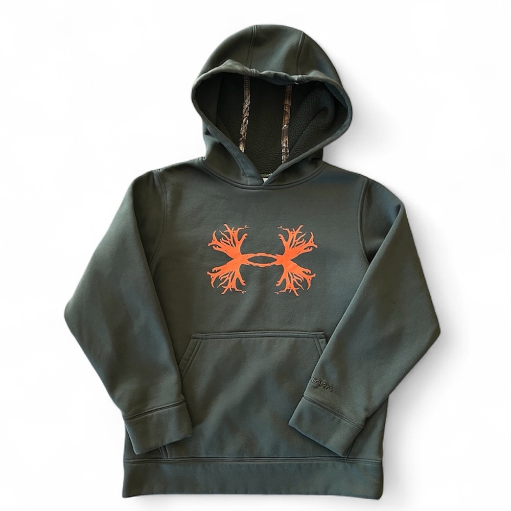 Under Armour Storm Antler Hoodie Youth S Dark Green Orange Fleece Sweatshirt